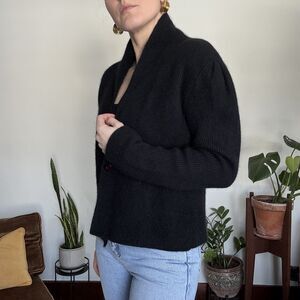 Vintage Black Angora Blend Cropped Cardigan Soft Fuzzy Minimal Sweater